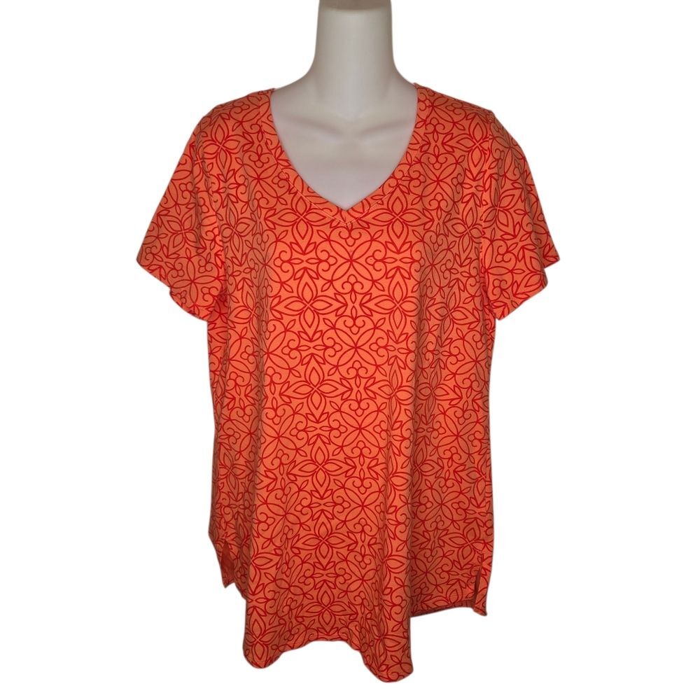 Soft Surroundings Women's Isabel Supima V-Neck Tee Living Coral Floral Medium